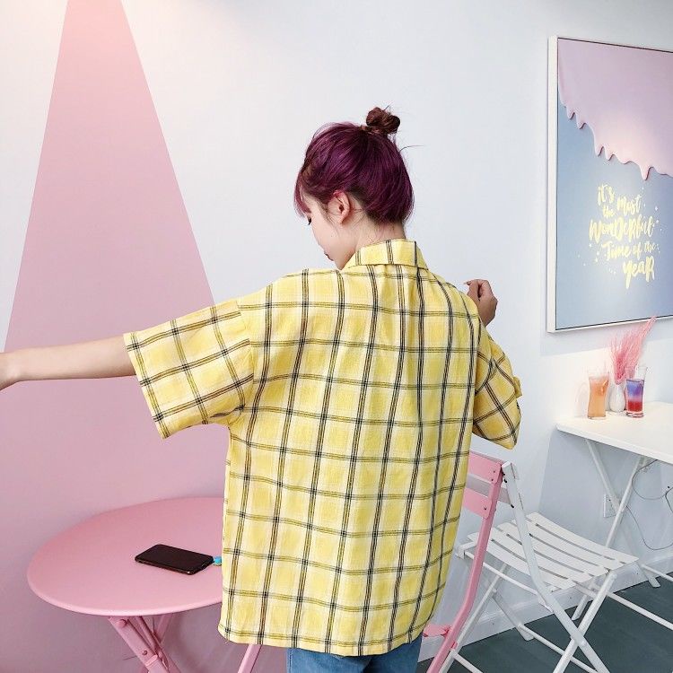 Áo Sơ Mi Ngắn Tay Dáng Rộng Họa Tiết Sọc Caro Phong Cách Hàn Quốc Thời Trang Mùa Hè Mới Cho Nữ