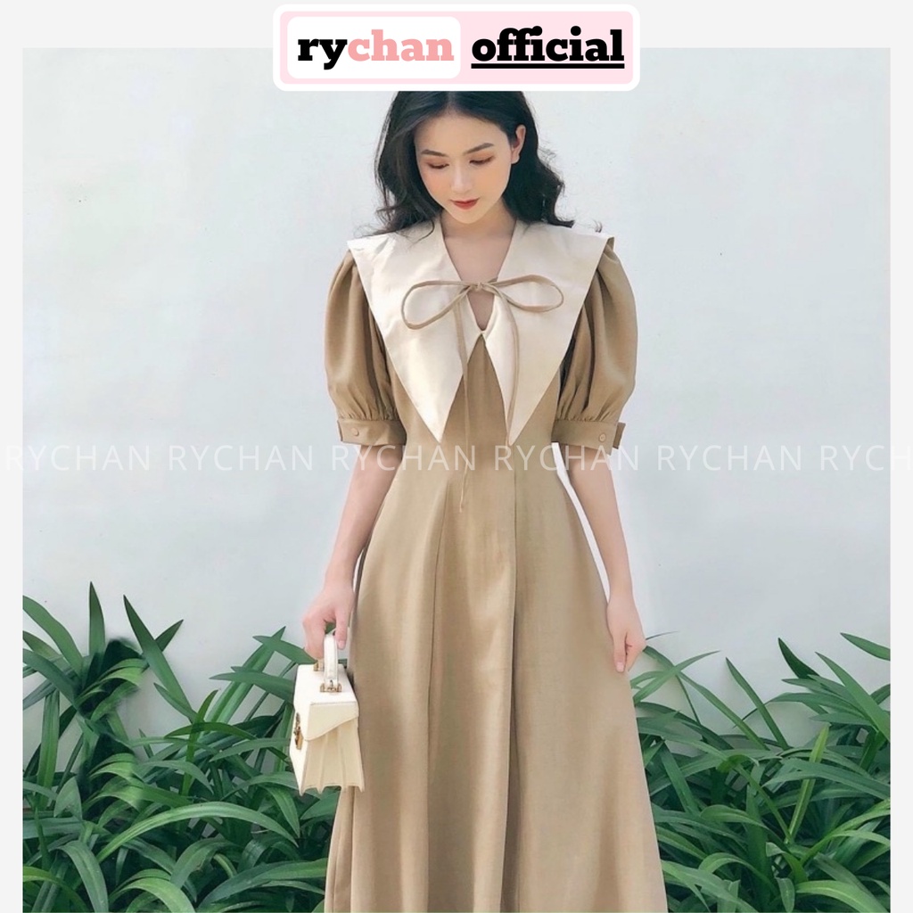 Đầm Váy Nữ Dự Tiệc Cưới Nơ Cổ Phối Trắng Form Dài Tay Bồng Ngắn Phong Cách Quý Cô Sang Chảnh 2 Màu Nude Nâu - DX9711