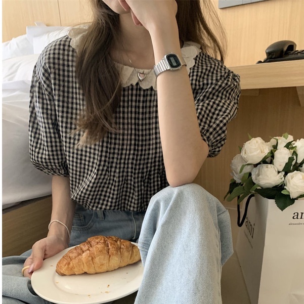 Áo Sơ Mi Tay Ngắn Dáng Rộng Họa Tiết Sọc Caro Thời Trang Cho Nữ
