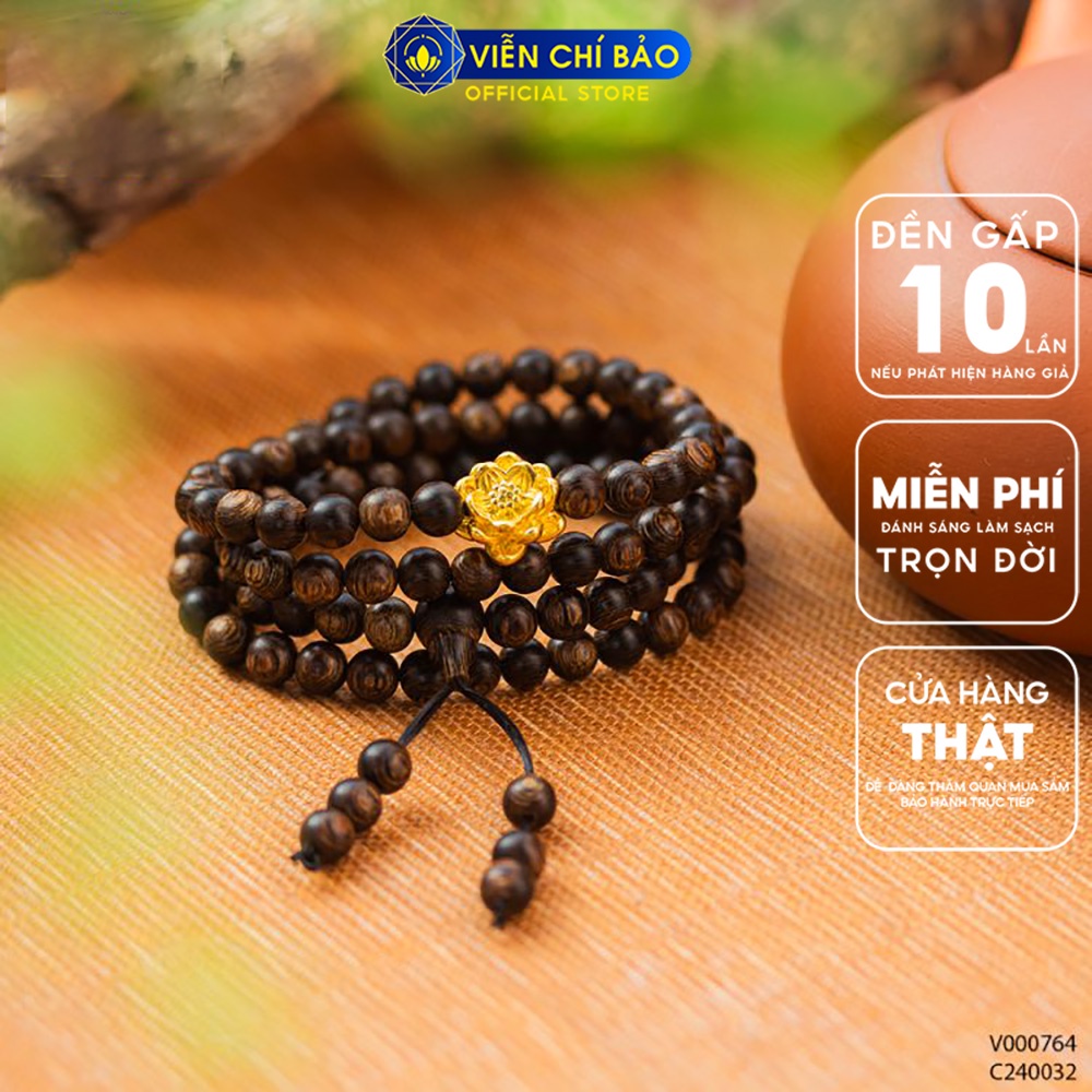 Vòng tay Trầm hương sánh chìm 108 hạt mix Charm sen vàng 24K phụ kiện trang sức Viễn Chí Bảo V000850