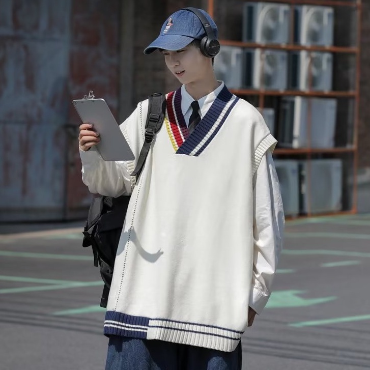 Áo Sweater Dệt Kim Sát Nách Dáng Rộng Kẻ Sọc Cổ V Kiểu Hàn Quốc Cá Tính Cho Các Cặp Đôi