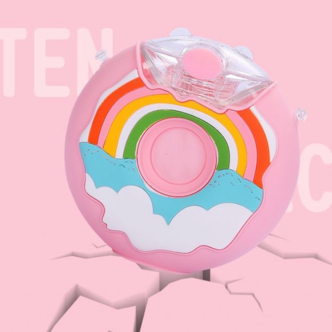 Bình Nước Thể Thao 380ML Hình Bánh Donut Kitty Chống Rò Rỉ Có Ống Hút Và Dây Đeo Vai