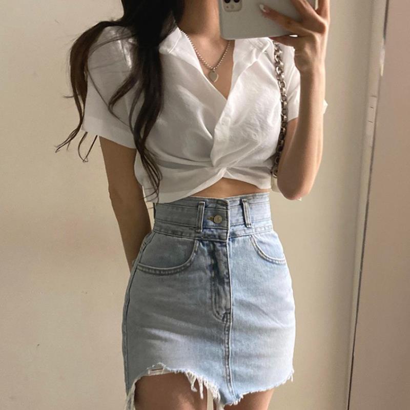 Áo Sơ Mi Lửng Hở Eo Phong Cách Pháp Thời Trang Mùa Hè