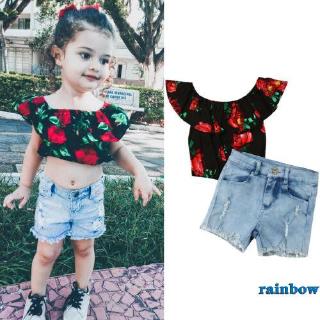 ❥A-❥-Summer Toddler Baby Girl Clothes Flower Off Shoulder Denim Set 2Pcs*