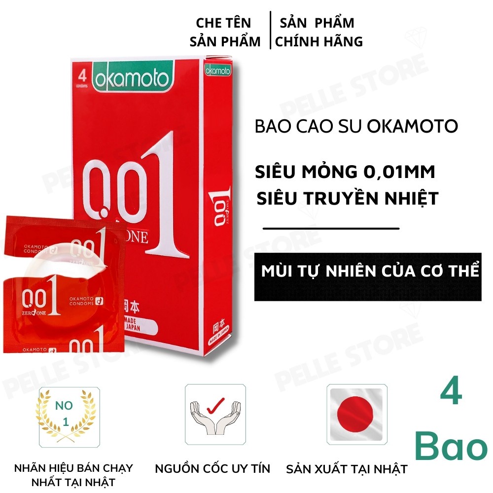 CHÍNH HÃNG 100% Bao Cao su Okamoto 0.01 PU Mỏng nhất thế giới Truyền Nhiệt Nhanh Hộp 4 cái