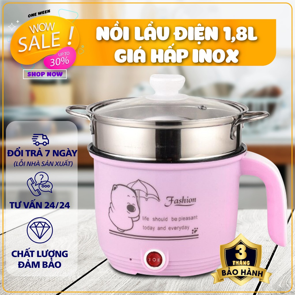 Ca Nấu Mì, Nấu Cơm Đa Năng Có Tay Cầm 1,8L [HÀNG HIỆU] Nồi Lẩu Điện Mini Kèm Giá Hấp INOX