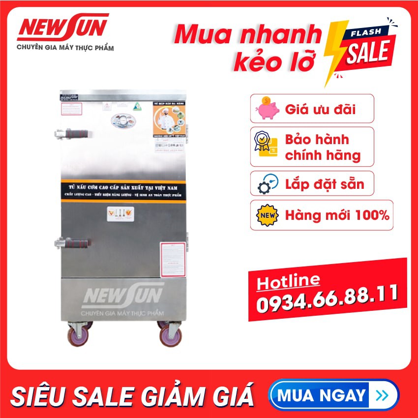 Tủ nấu cơm 50 kg gạo/mẻ bằng điện 10 khay Việt Nam NEWSUN - Bảo hành 12 tháng