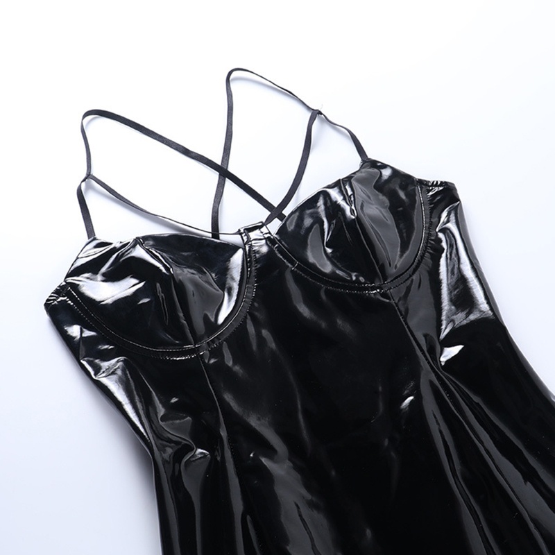 Đầm Dây Mảnh Mini Giả Da Sợi Mì Spaghetti Khoét Rỗng Gợi Cảm Phong Cách Gothic Cho Nữ