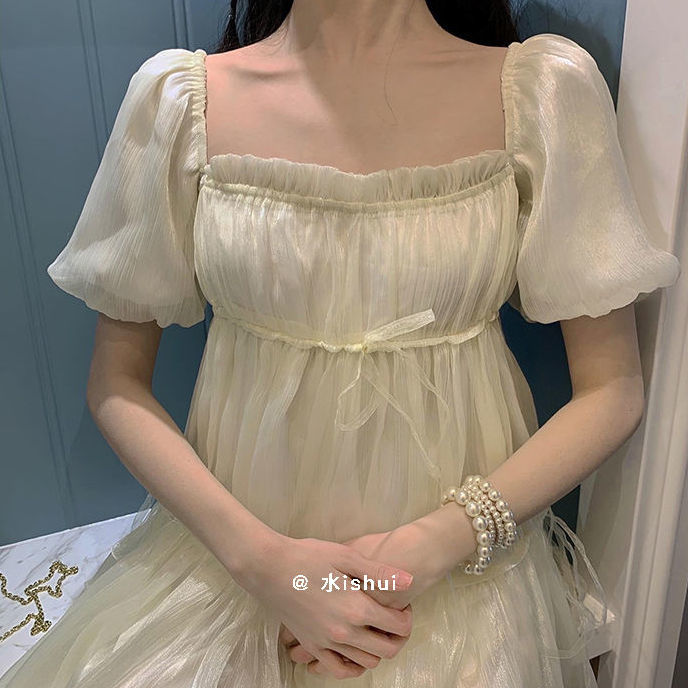 Anna's Sweet and lovely girl gauze high waist slim square collar bubble sleeve dress female princess dress 2021 spring new style | BigBuy360 - bigbuy360.vn