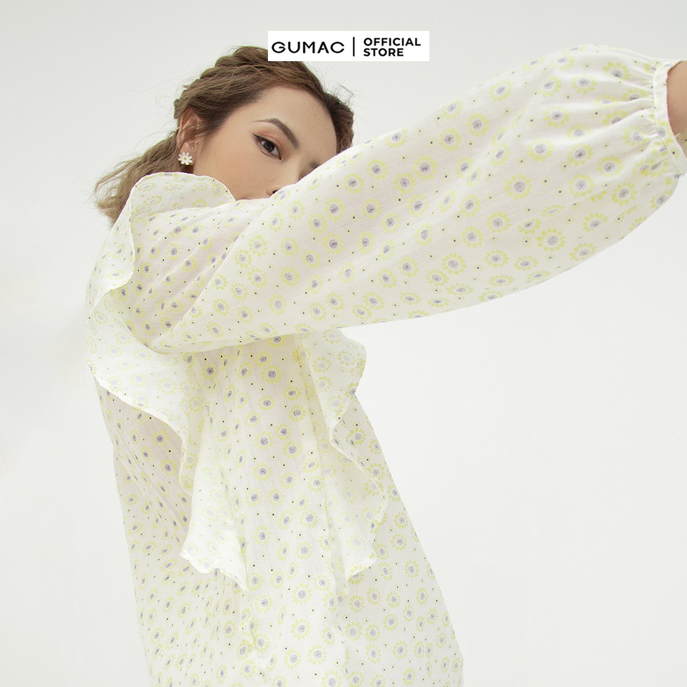 Áo kiểu nữ họa tiết hoa nhí phối bèo GUMAC màu vàng đủ size AB5105 | BigBuy360 - bigbuy360.vn