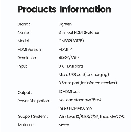 Ugreen Công Tắc Chuyển Đổi HD 3 Trong 1 Cho Xiaomi Mi Box 4K / 30Hz