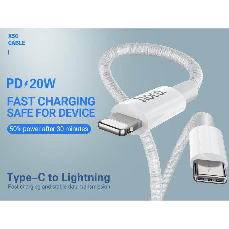 Cáp Sạc Nhanh Hoco x56 PD20W - 3.0 A - TypeC to Lightning - Dây Nylon Dệt 1m - Hàng Chính Hãng - Bảo Hành 12 Tháng