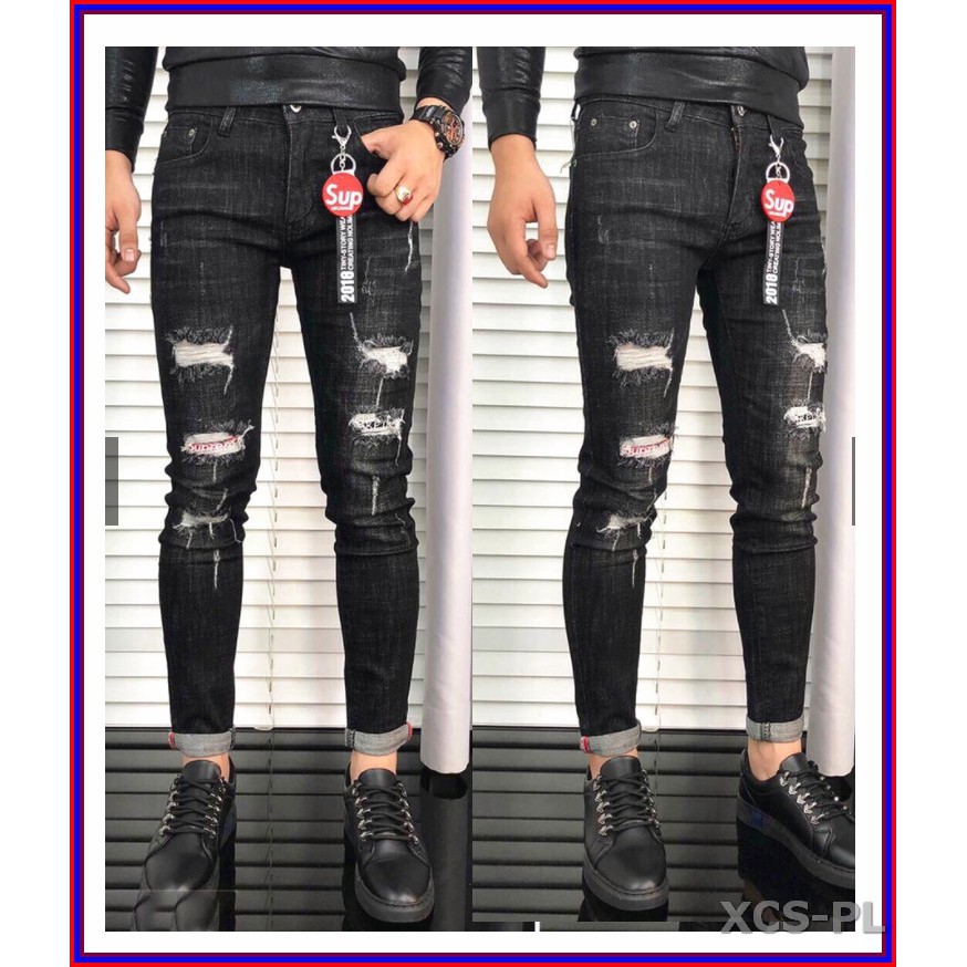 Quần jean nam cao cấp rách SUPERME ĐEN 561 không xù lông, không ra màu, chất giãn tốt i3-6