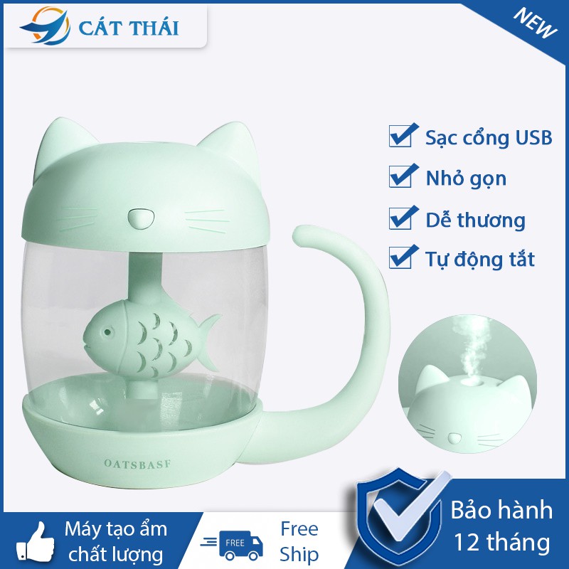 Máy Phun Sương/ Tạo Ẩm Con Mèo thích Con Cá Kết nối cổng USB , kết nối Đèn và Quạt 3 in 1 . Dùng làm đèn ngủ