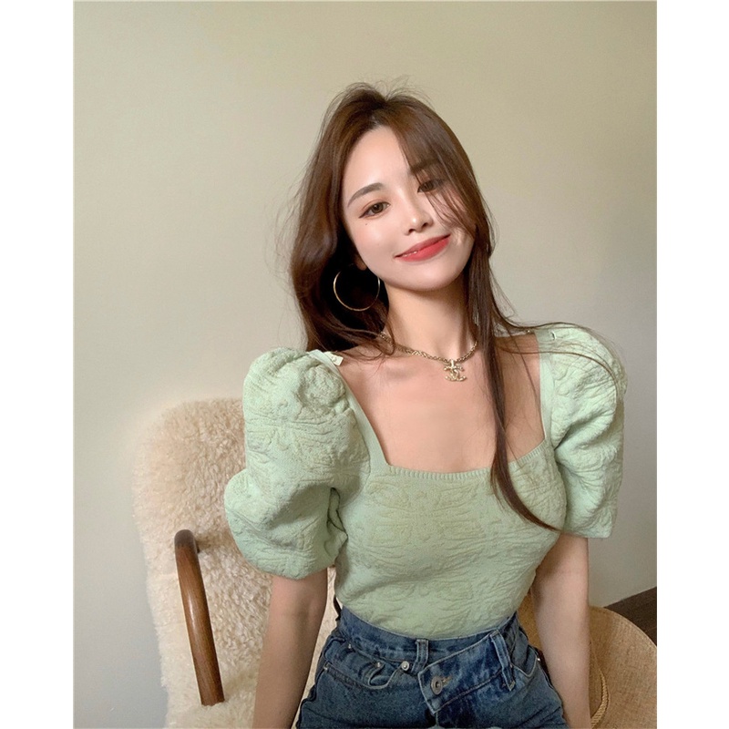 QADCOL  Áo Croptop Dệt Kim Tay Ngắn Phồng Thiết Kế Dễ Thương