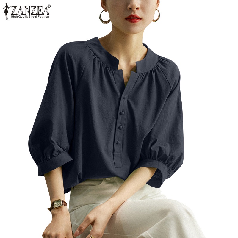 Áo kiểu ZANZEA tay lửng cổ tròn xếp ly thời trang dành cho nữ