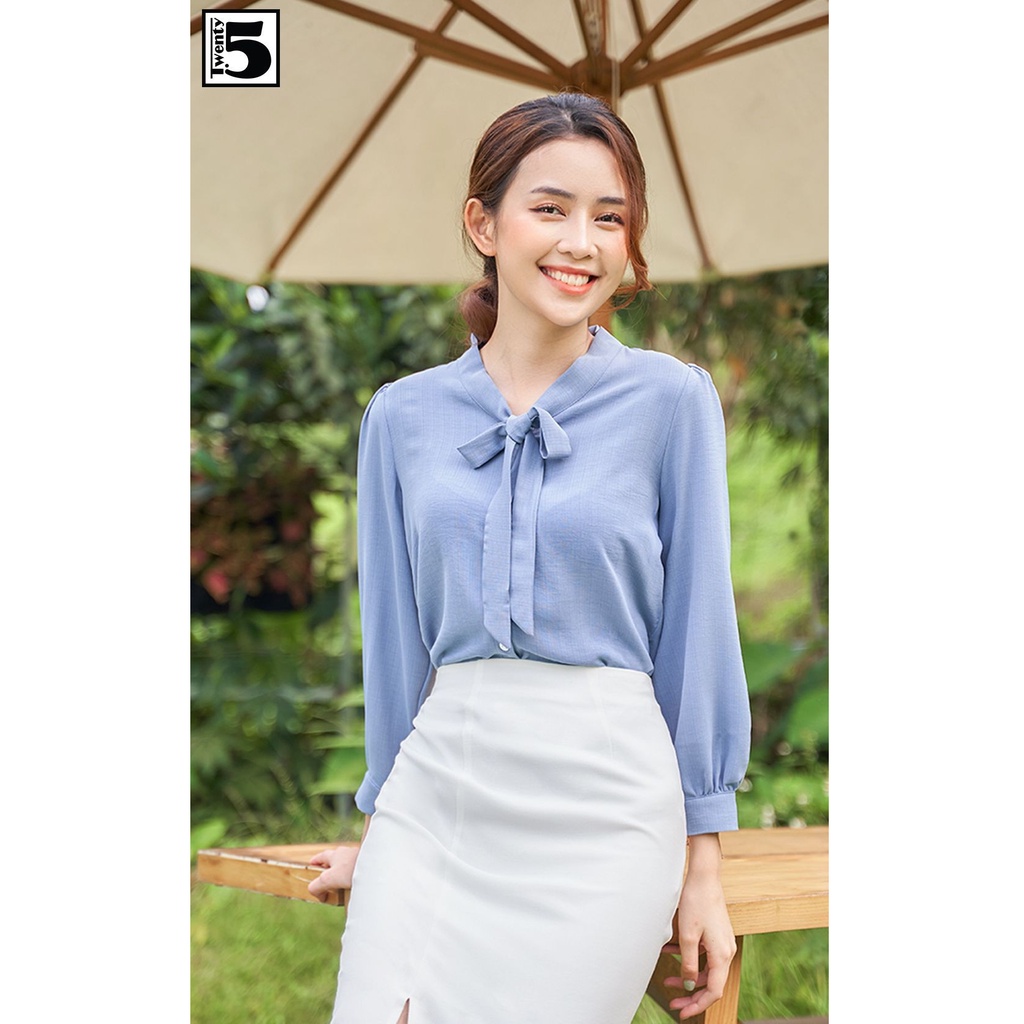 Áo sơ mi công sở nữ cổ thắt nơ tay bồng nhún Twentyfive N1040