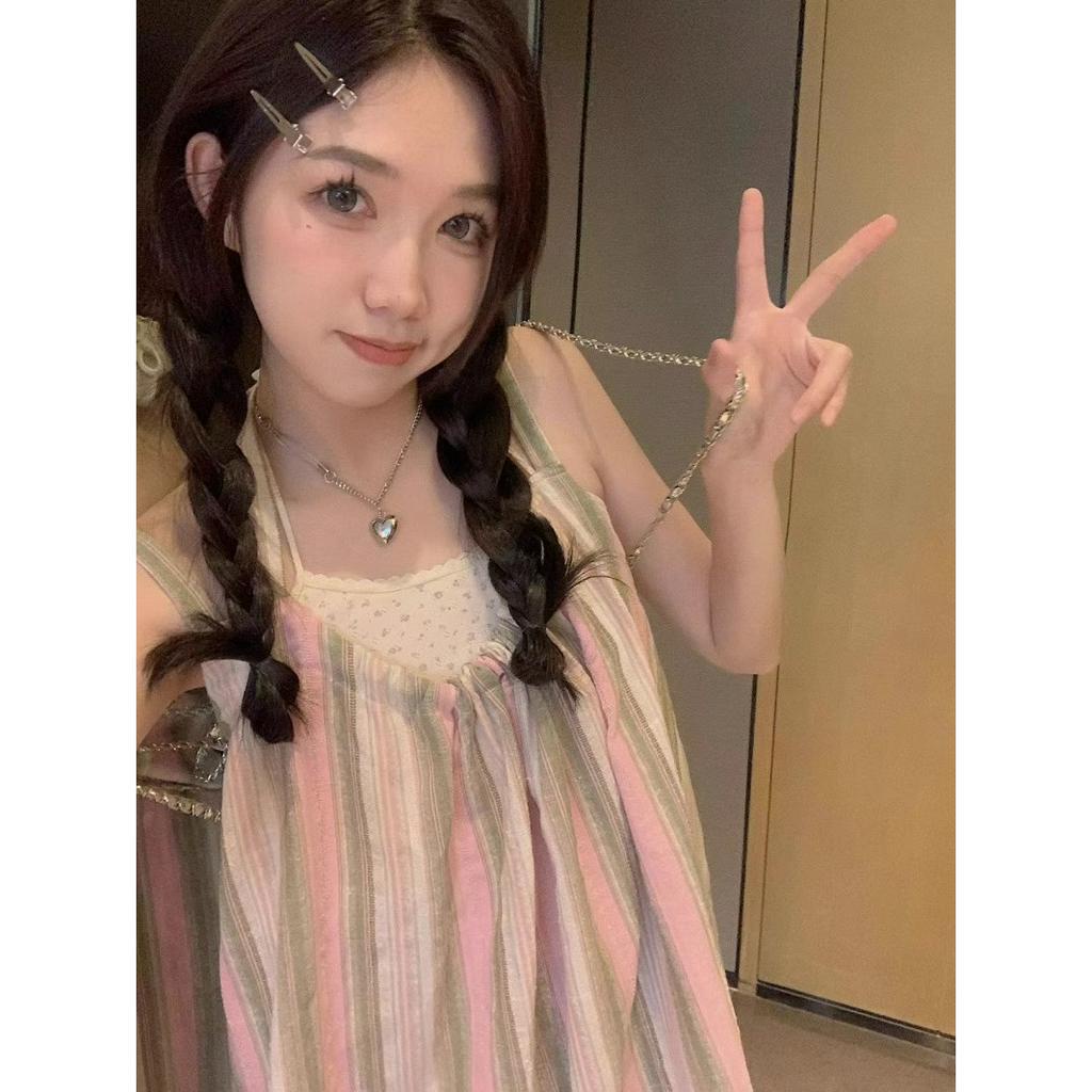 Đầm Hai Dây Hở Lưng Dáng Rộng Họa Tiết Kẻ Sọc Thời Trang Mùa Hè Hàng Mới 2023 Dành Cho Bạn Nữ