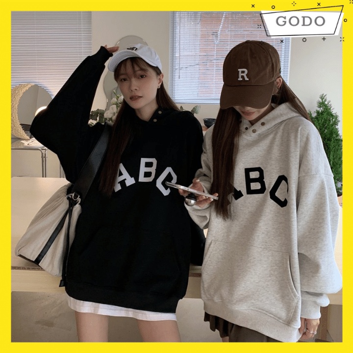 Áo hoodie form rộng/Áo nỉ có mũ in chữ ABC cúc bấm cổ độc đáo chất nỉ ngoại dày dặn 2 màu đen trắng GODO HD10