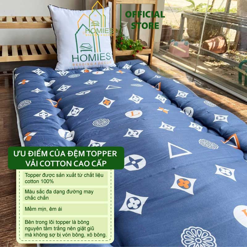 Topper nệm bông xuất Nhật HOMIES Bedding & Décor cao cấp , Đệm Topper Họa Tiết LV, Tấm làm mềm đệm cotton mềm mại (Đủ Kí