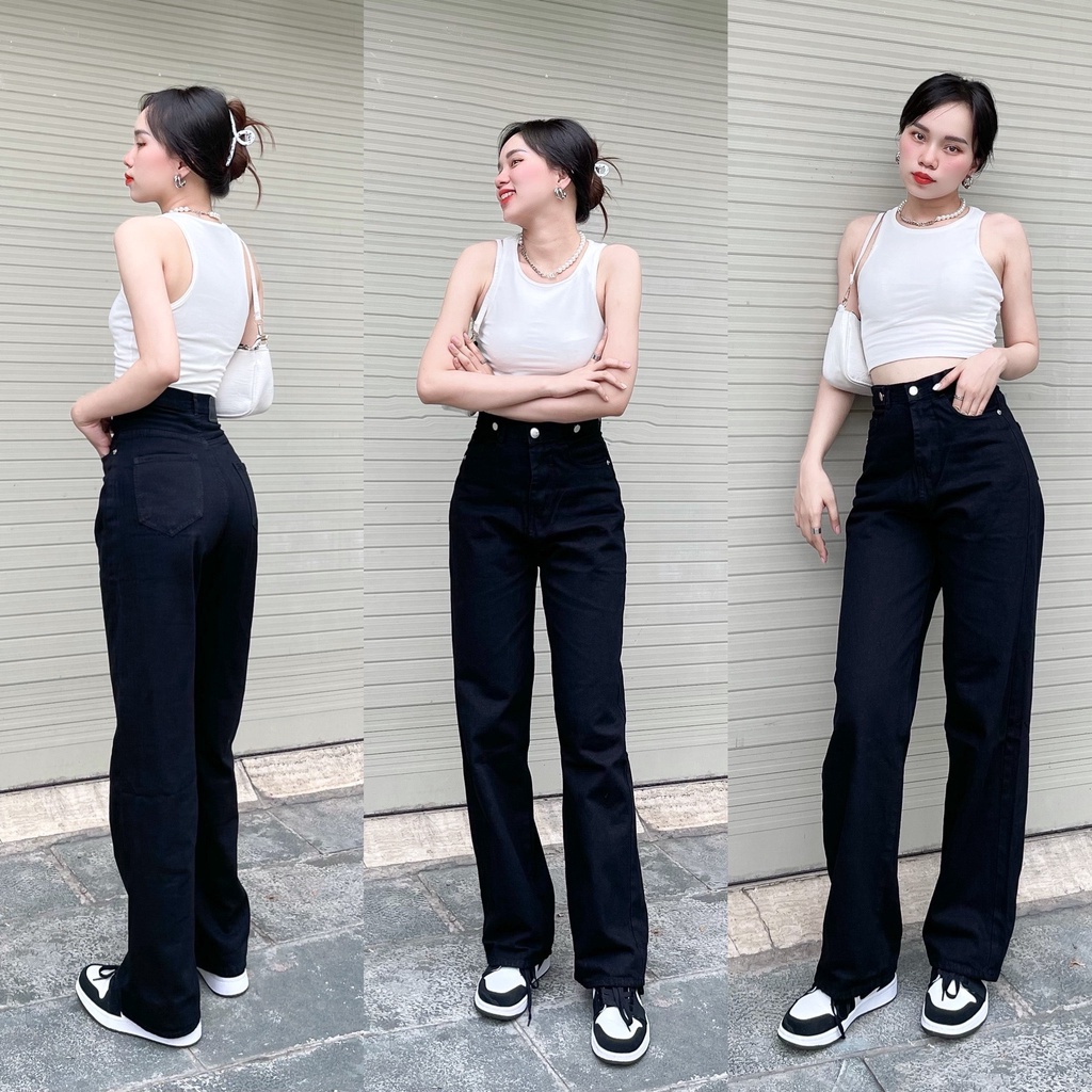 (Hình Video Shop Chụp) Quần jeans ống suông đen nữ lưng cao tôn dáng cạp nút shop Maika-Jeans