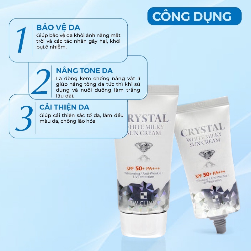 Kem Chống Nắng 3w Clinic Crystal White Milky Sun Cream Spf 50/ Pa +++ Hàn Quốc 50ml