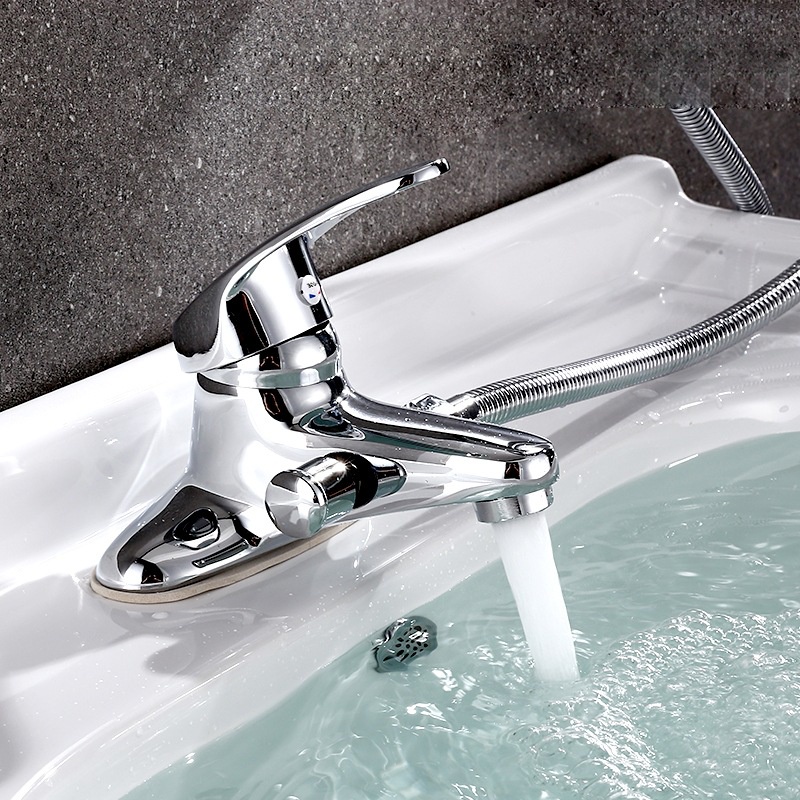 Vòi chậu rửa liền sen nóng lạnh, vòi lavabo liền vòi sen tăng áp 2 chân nóng lạnh bằng đồng mạ Niken màu Bạc cao cấp
