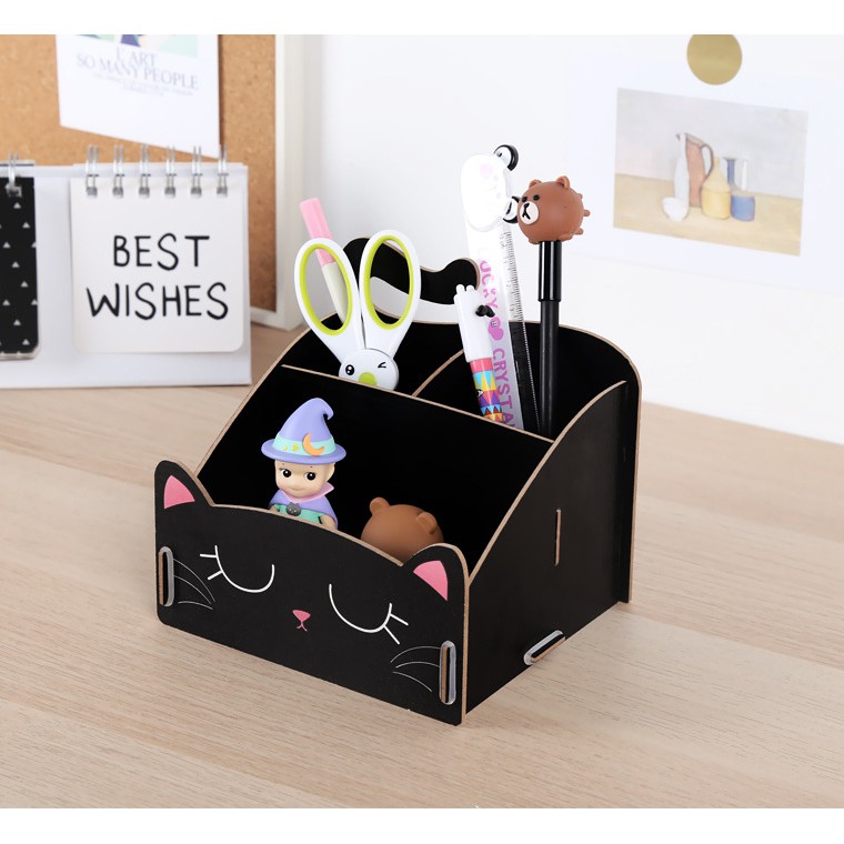 (#GH1212) Hộp Cắm Bút 2CUTE - Hình Mèo - Để Bàn: - Lắp Ghép - 100% Gỗ Ếp - KT15x13x11cm