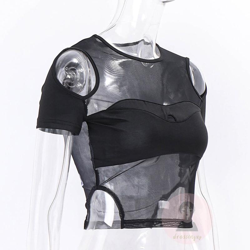 Áo Crop Top Tay Ngắn Cổ Tròn Phối Lưới Thời Trang Mùa Hè Cho Nữ