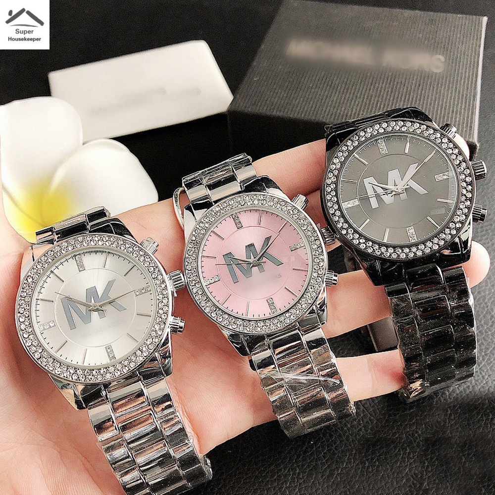 Mk Đồng Hồ Đeo Tay Dây Inox Đính Đá Thiết Kế Đơn Giản Thời Trang Cho Nam Và Nữ