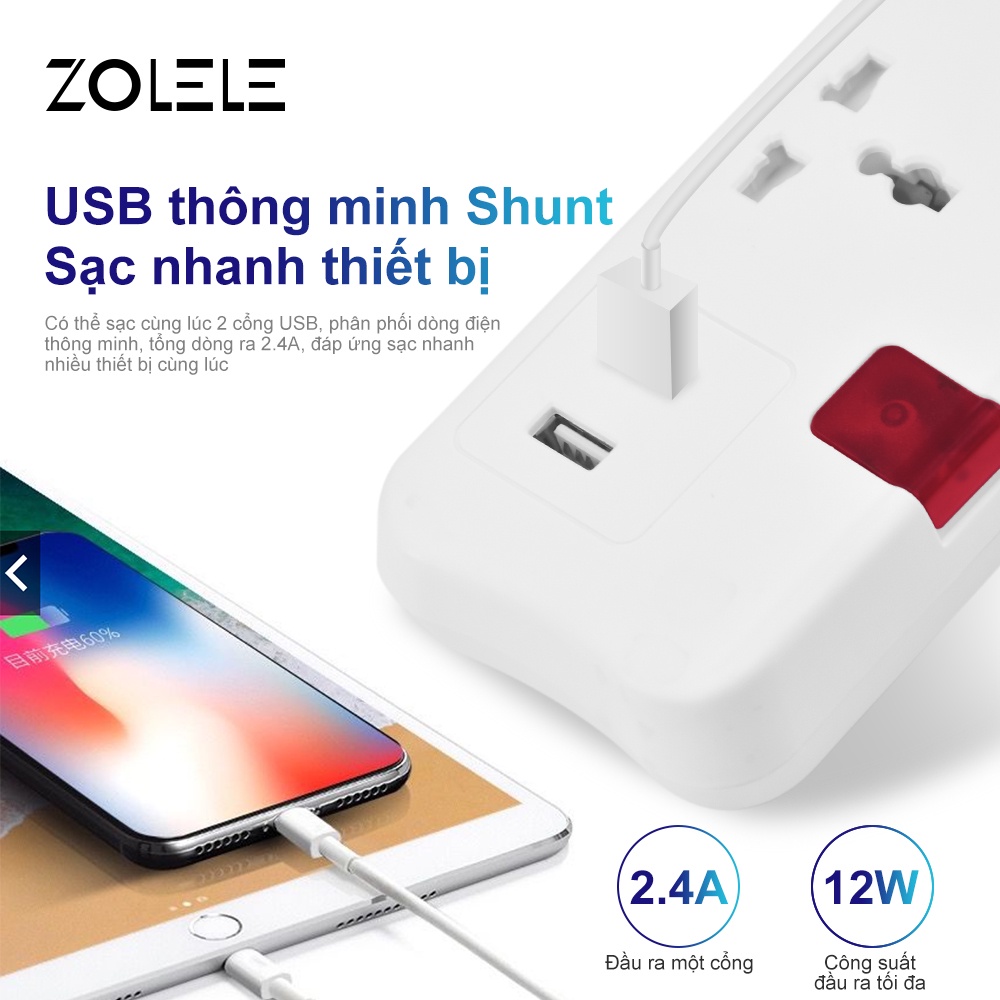 Ổ Cắm Điện Đa Năng zolele zk100 Dây nối dài 3M-3 lỗ 2USB-Chống sét-Bảo vệ quá tải-Công tắc độc lập 2400W - Chính hãng