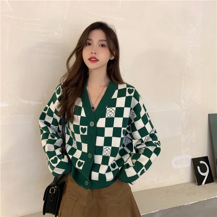 Áo khoác cardigan dệt kim tay dài cổ chữ v họa tiết sọc caro