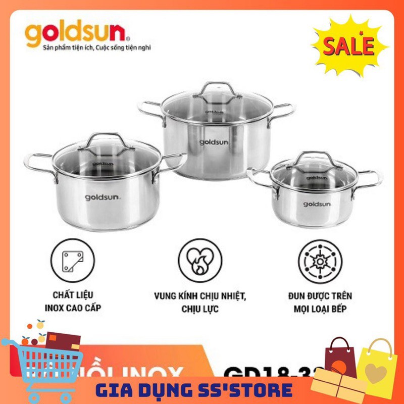 ️Bộ nồi 🎉FREESHP️🎉 Bộ nồi inox Goldsun GD18-3306SG ( Vung kính )