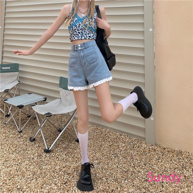 Quần Short Dáng Chữ A Lưng Cao Phối Ren Form Rộng Thời Trang Mùa Hè Cho Nữ