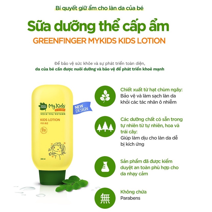 Kem Dưỡng Da Trẻ Em Green Finger Mykids Lotion Chai 260ML (4-10 Tuổi) - Kem dưỡng thể toàn thân chính hãng