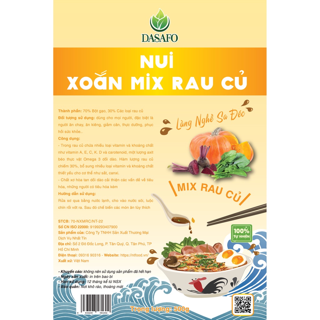 Nui xoắn Rau Củ DASAFO túi 500gr - Làng nghề Sa Đéc - Nhất Tín Food