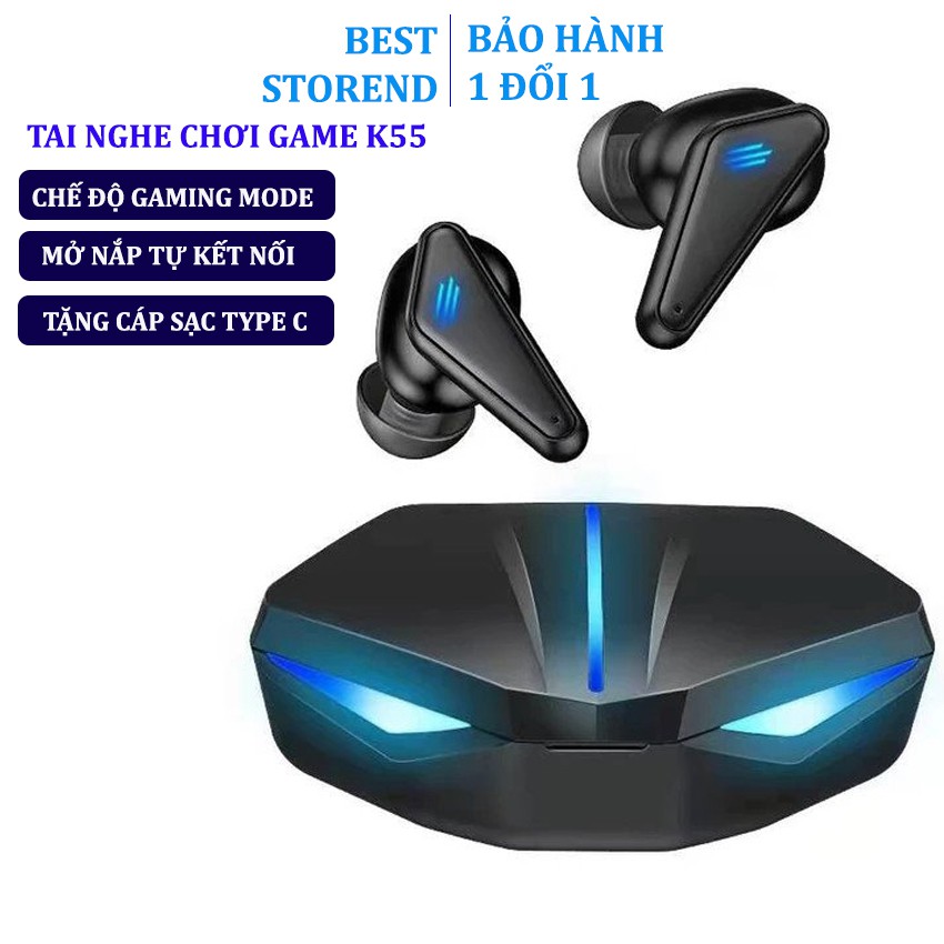 Tai nghe bluetooth không dây gaming K55 nhét tai chống nước, chống ồn, âm thanh HD, chuyên chơi game