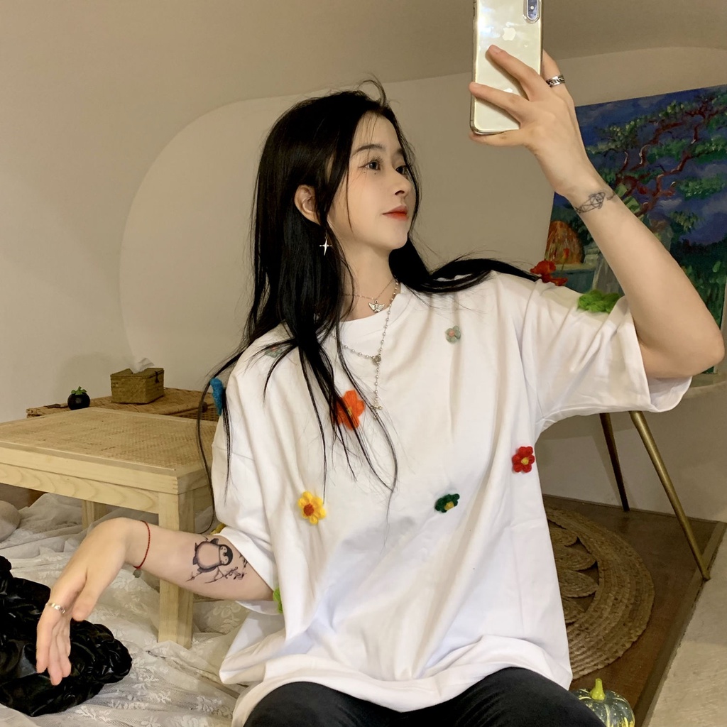 Áo Thun Cotton Tay Ngắn Dáng Rộng In Họa Tiết Hoa Phong Cách Hàn Quốc Thời Trang Mùa Hè Mới 2022 Dành Cho Bạn Nữ