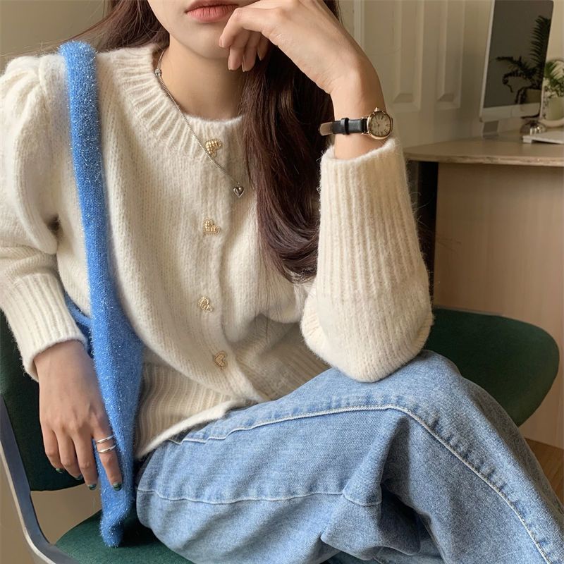 Áo Khoác Cardigan Dệt Kim Tay Phồng Phong Cách Hàn Quốc Thời Trang Cho Nữ