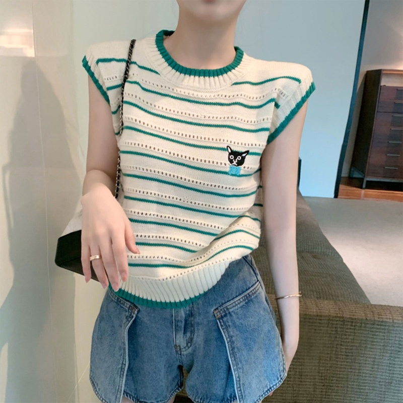 Áo Sweater Dệt Kim Không Tay Thêu Hình Cún Dễ Thương Thời Trang Mùa Hè Cho Nữ
