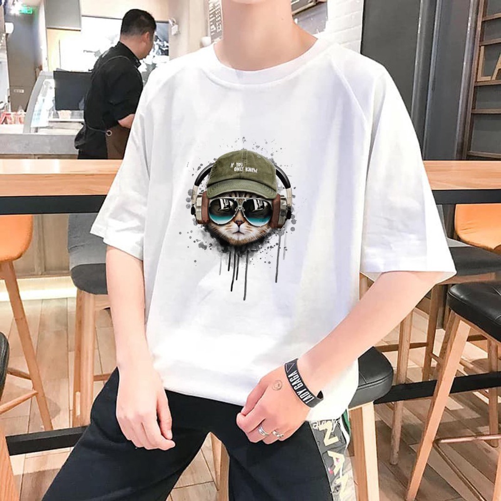 Áo Thun Tay Lỡ In Nhiệt Mèo Nghe Nhạc Unisex chất Cotton phong cách Ulzzang ATIN52 - Áo Phông unisex Cotton cao cấp | BigBuy360 - bigbuy360.vn