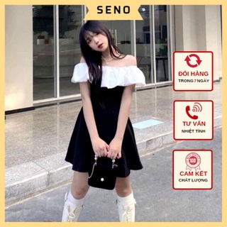 Đầm nữ trễ vai phối màu dáng ngắn vai bèo đen trắng chất đũi q052