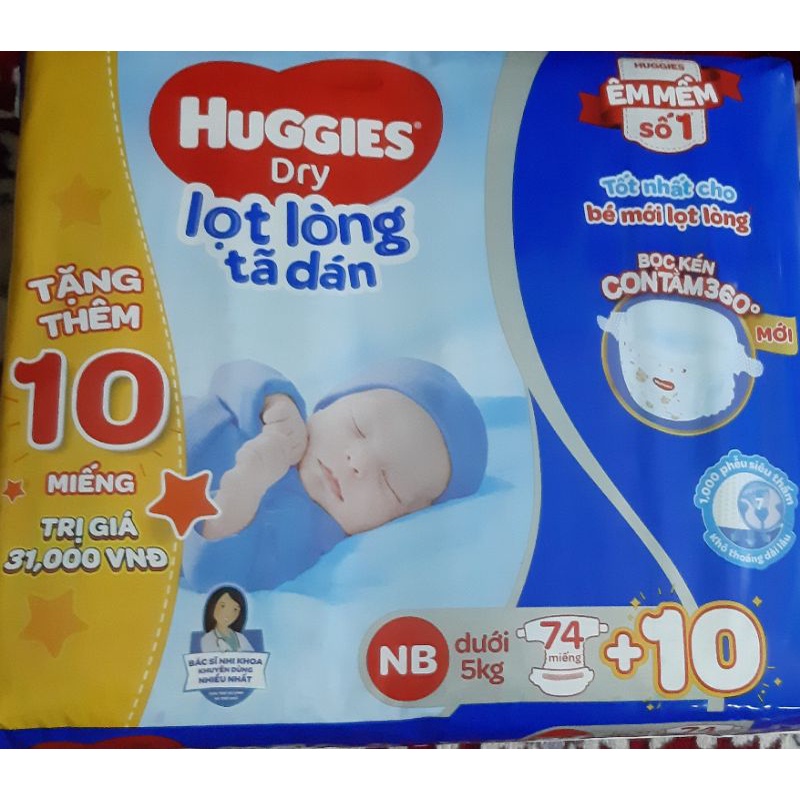 Tã dán sơ sinh Huggies Dry NB58/ NB74 tặng 10 miếng