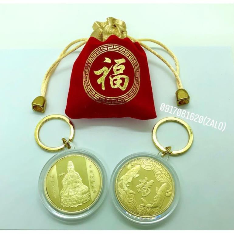 GIÁ SỐC - Đồng Xu Quan Âm Bồ Tát - Mặt Sau Đồng Xu Hình Cá Chép tặng kèm túigấm