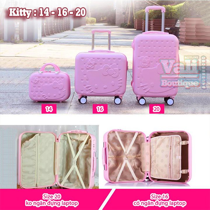 Vali kéo nhựa em bé mèo kitty hồng phấn - size 16, cốp kitty