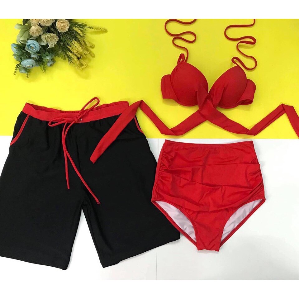 Bikini , Cuple Đôi Nam Nữ Áo Chéo Quần Cạp Cao Đi Biễn Rẻ Đẹp ODERI50