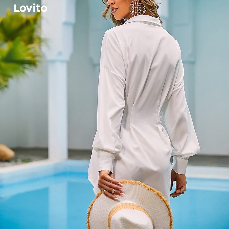Đầm Lovito dáng suông cổ sơ mi màu trơn đơn giản L01210 màu trắng | BigBuy360 - bigbuy360.vn