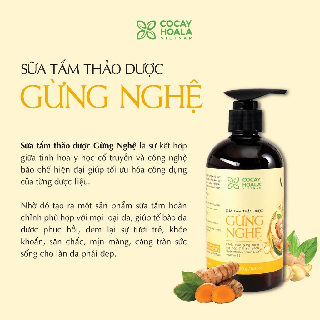Tặng Bông Tắm - Sữa Tắm Thảo Dược Gừng Nghệ Cocayhoala sáng da ngừa thâm giảm mụn lưng giữ ấm cơ thể Chai 450gr