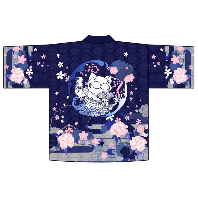 Áo khoác kimono haori happi in mèo thần tài hoa anh đào