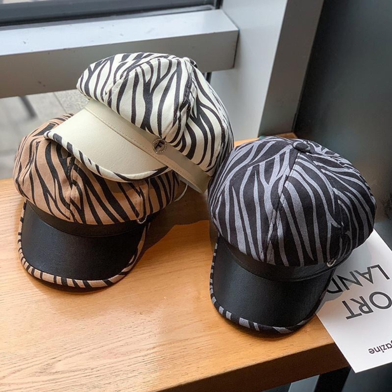 Nón Beret Họa Tiết Ngựa Vằn Đính Đá Thời Trang Retro Anh Quốc